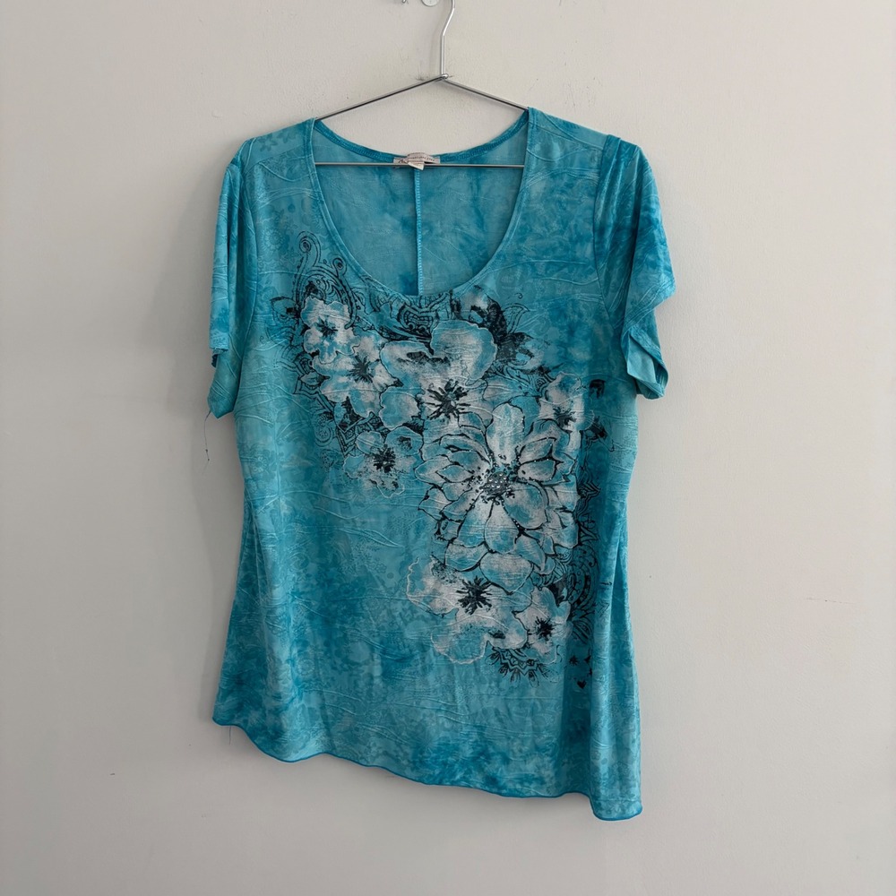 CJ Established 1962 Womens Blue Floral Tie Dye Short Sleeve Top 1X